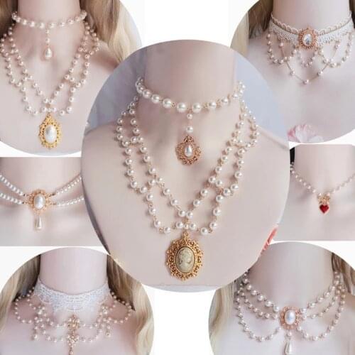 Gorgeous Vintage Rococo Style Wedding Lolita Princess Multilayer Pearl Lace Gem Necklace Collarbone Chain Necklet