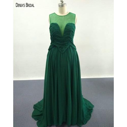 2017 A-Line Green Chiffon Evening Dresses with Jewel Pleats Neckline Floor Length Sweep Train Party Prom Gowns
