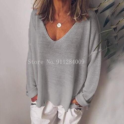 Female Fashion Casual Autumn Long Sleeve daily T-shirt Womens simple v-neck Solid Color loose Tops