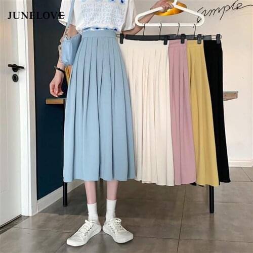 JuneLove Candy-Colored Pleated Skirt Women Summer Casual Simple Midi Skirt 2021 A-Line High Waist Skirts Students Streetwear