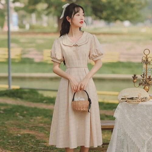 Women Sweet Retro Dresses Summer Fashion Chic Irregular Doll Collar Sweet Cute Literary Plaid Kawaii Midi Dress