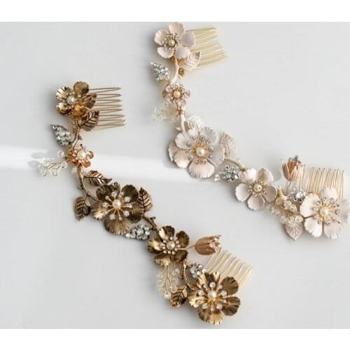 Antique Gold Floral Long Comb Bridal Accessories Leaf Women Headpiece Handmade Wedding Accessories Hair Jewelry