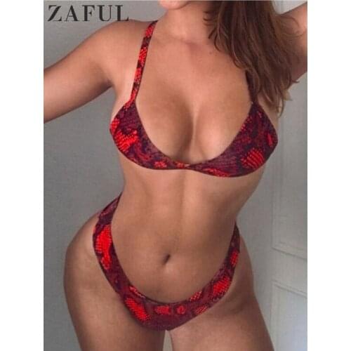 ZAFUL Snakeskin Print Bikini Set Straps Elastic High Cut Women Swimwears Unlined Triangle Sexy Animal Print Swimsuit Summer Wear