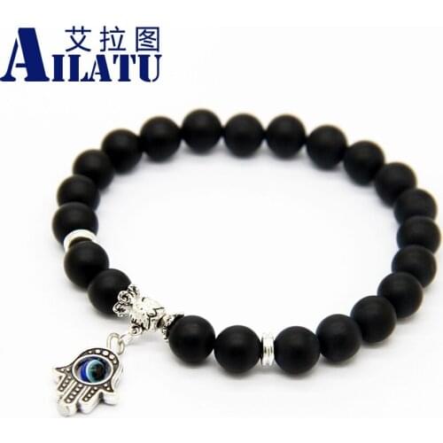 Ailatu Black Stone Beads with Blue Eye Hide in Antique Silver Color Hamsa Hand Charm Strech Bracelet