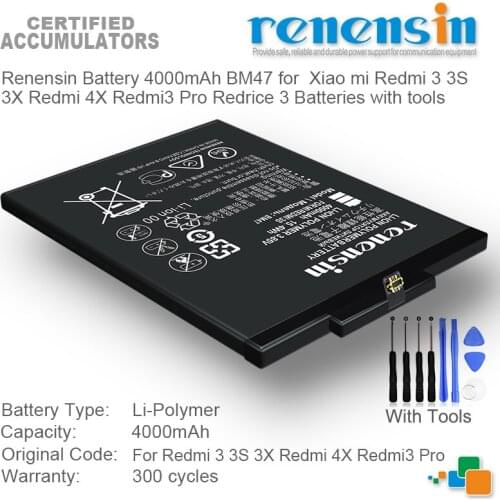 Renensin Battery 4000mAh BM47 for Xiao mi Redmi 3 3S 3X Redmi 4X Redmi3 Pro Redrice 3 Batteries with tools