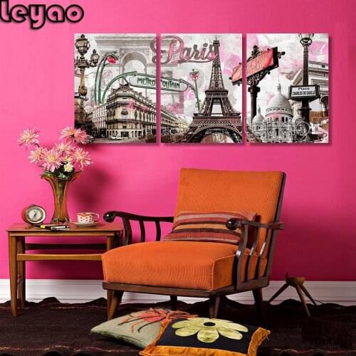 Diamond painting diy 5d diamond embroidery Triptych Wall Art Pink Paris Tower Bedroom Decor Romantic City Paintings 3 Panels
