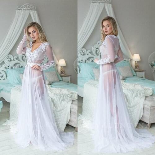 White Lace V Neck See Through Women Night Robes Custom Made Long Sleeves Lace Chiffon Nightgowns Robes Women Sleepwear