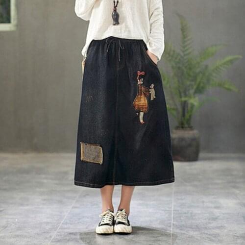 Free Shipping 2020 New Vintage Long Mid-calf A-line Skirts Women Elastic Waist Spring And Summer Denim Blue Embroidery Skirt