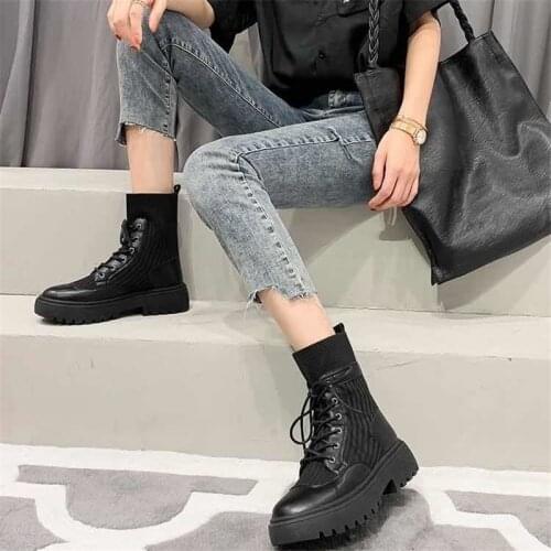 Gothic Punk Motorcycle Combat Boots Designer Women Platform Lace Up Leather Demonia Ankle Boots Fall Winter Sock Shoes Black