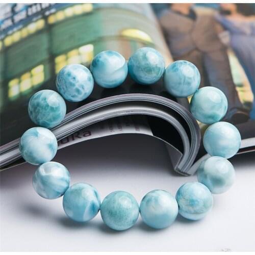 Genuine Blue Natural Larimar Gems Stone Round Bead Bracelet 16mm Powerful Stretch Crystal Natural Stone Bracelet Woman Men