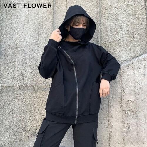 Black Zipper Asymmetrical Hoodie Women Sweatshirts New Long Sleeve Loose Casual All Match Clothes Fashion Spring Autumn 2021