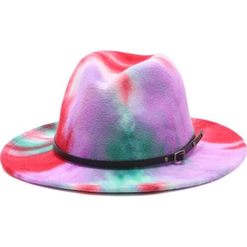 2021 Colorful fedora hats for women fashion Flat wide Brim Wool Felt Jazz Fedora Hats for men Rivet belt top Panama wedding Hat