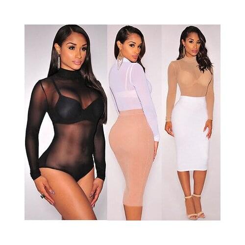 Hot Sheer Leotard Transparent Sexy Mesh Bodysuit 3 color Long Sleeve Jumpsuit Womens Underwear Sleepwear