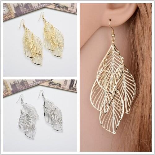 Classic Solid Color Hollow Metal Leaf Drop Earrings Korean Cicada Wing Alloy Pendent Earrings for Women Girls Ear Jewelry Gift