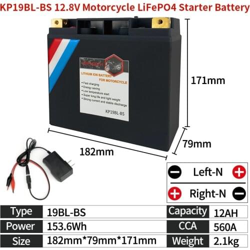 KP19BL-BS LiFePO4 Motorcycle Start Battery 12V 19Ah CCA 560A Lithium iron Motorbike Battery BMS 2000 Cycles Replaces YT19BL-BS