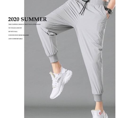Summer Ice Silk Stretch Feet Pants Nine Points Beam Legs Mens Large Size Casual Breathable Students Quick-drying Casual Pants
