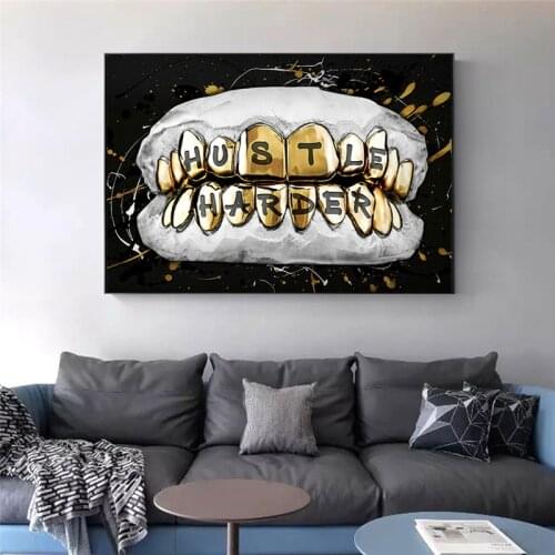 Abstract Teeth Wall Art Poster Black Gold Hustle Harder Inspirational Art Canvas Painting Printing Canvas Painting Home Decor