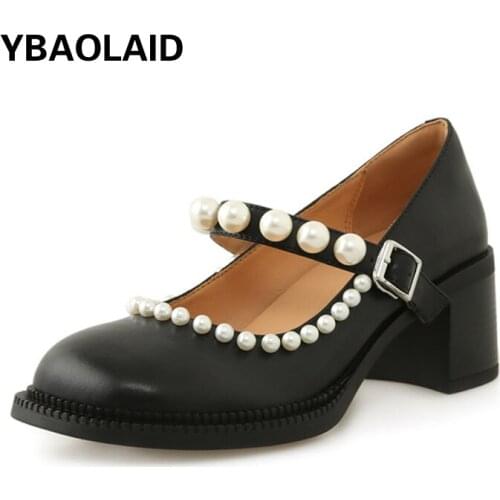 New Round-toe Pearl Chain Thick Heel Mary Jane Shoes Fashion Sweet Pure Color Shallow Mouth High-heeled Small Leather Shoes