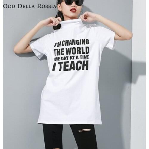 OddDellaRobbia Spring High Collar Letter Printed Short-Sleeved T-Shirt Personalized Pullover Cotton Elastic Bottoming Top 193015