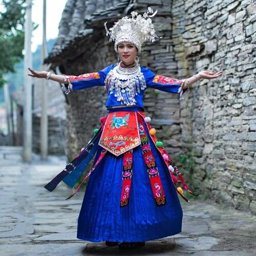 Hmong Clothes Chinese Traditional Clothing Slim Splendid Attire Ethnic Minority Women Dress Miao Silver Hat Miao Costume