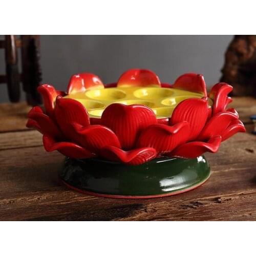 Pink seven-star ceramic lotus shortening candle lamp stand in front Buddha is red decoration statues sculpture Home wedding