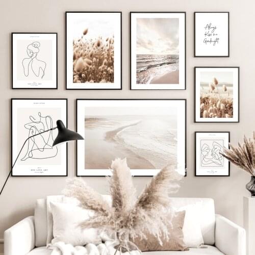Calm Ocean Waves Beach Soft Grass Kiss One Line Art Nordic Poster Wall Art Print Canvas Painting Decor Pictures For Living Room
