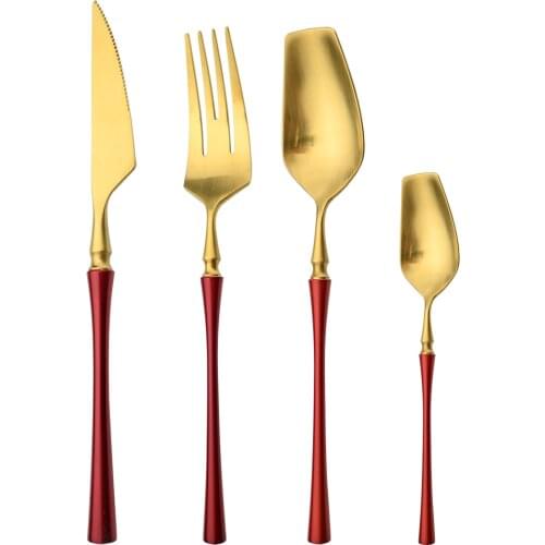 Vintage 18/10 Matte Red Gold Tableware Set Stainless Steel Dinnerwar Gold Forks Spoons Knives Steel Cutlery Set Silverware Set