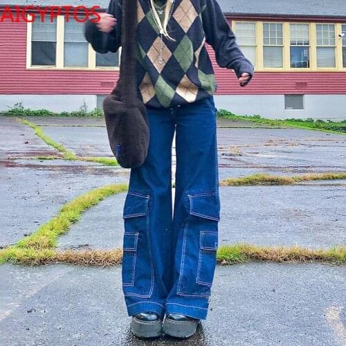 AIGYPTOS Tooling big pocket pants Y2k streetwear girl fashion 90s jeans pocket wide leg high waist pants women