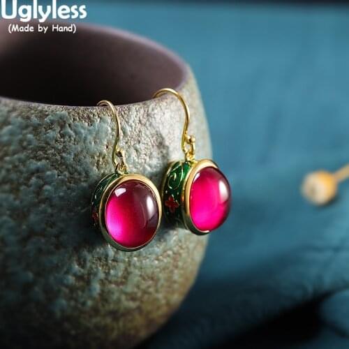 Uglyless Enthusiastic Indonesian Island style Jewelry Sets for Women HOT PINK Corundum Earrings Rings 925 Silver Enamel Brincos