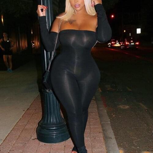 Women Jumpsuit Off Shoulder Bodycon Long Sleeve Clubwear Playsuit Jumpsuits Rompers Skinny Sexy Playsuits Female Black Trousers