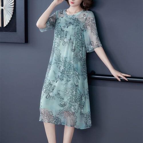 2021 Summer Print Mulberry Silk Beach Midi Dress Women Casual Green Floral M-4XL Plus Size Sundress Elegant Slim Party Vestidos