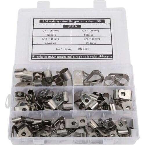 80PCs R-Type Clip Cable Clamp Kit Hardware Parts 304 Stainless Steel Corrosion-Resistant 6-16mm