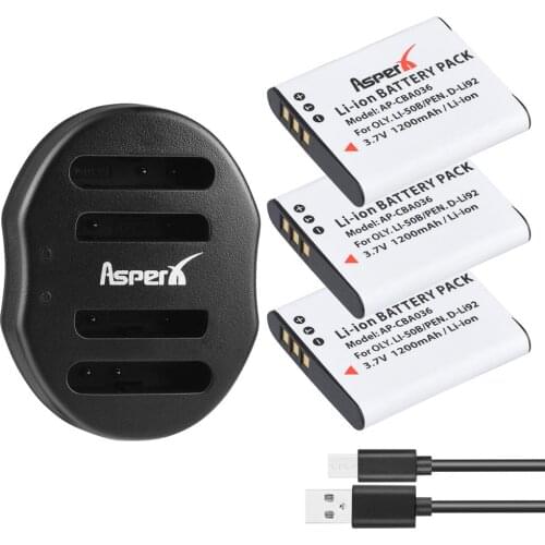 AsperX 3pcs 1200mAh Li-50B D-LI92 Li 50B D LI92 Li-ion Camera Battery + USB Dual Charger For Olympus 1020 1010 1030 Pentax X70