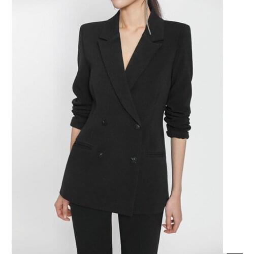 2 Pieces High Quality New Notch Double-breasted Women Loose Ol Blazer High Waist Pocket Straight Pants Business Elegant Suits