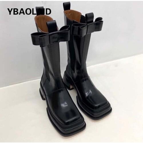 Square-toe Thick-soled Bowknot High-top Mid-tube Martin Boots Solid Color Sponge Cake Bottom Sleeve Thick-heeled Chelsea Boots
