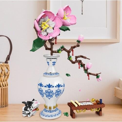 Peach Blossom Flower Bouquet Blue And White Porcelain Building Blocks Dog Tea Table DIY Assembled Model Toys Romantic Kit Gift