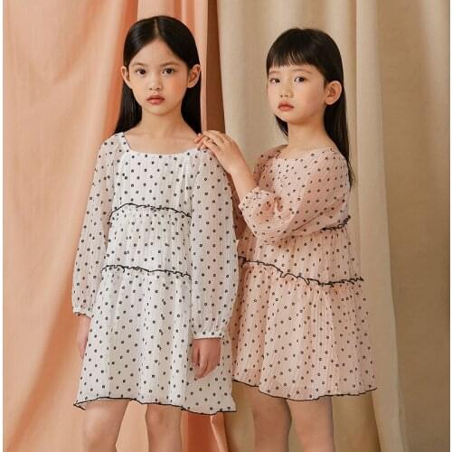 Childrens Dresses 2021 Spring New Baby Girl Cute Dots Print Dress Korean Long Sleeve Chiffon Dress For Girl 2-9 Y Kids Clothing