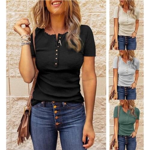 Explosive loose U-neck button T-shirt womens Short Sleeve Top