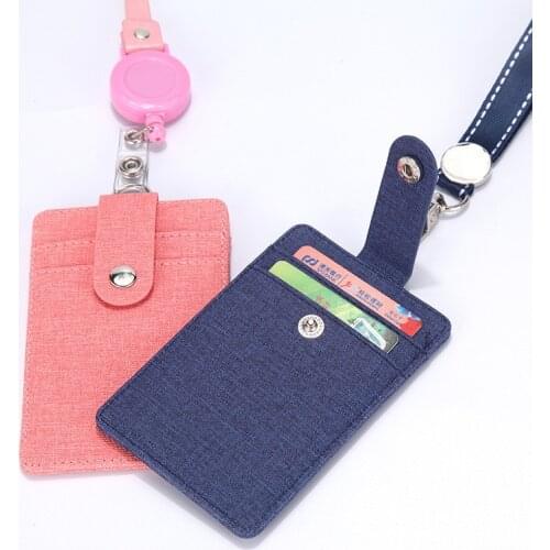 Lanyards ID Badge Holder Leather Porte Bus Pass Case Cover slip Men Womens Bank Credit Card Holder Wallet Strap Coin Cardholder