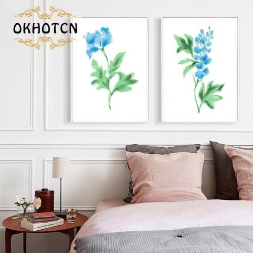 Beautiful Watercolor Green Plant Blue Flowers Minimalist Art Canvas Painting Wall Picture Modern Home Living Room Decoration