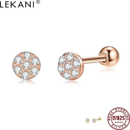 LEKANI Round 925 Sterling Silver Stud Earrings Women Full Clear Cubic Zirconia Small Earring Female Rose Gold Fine Jewelry Gift