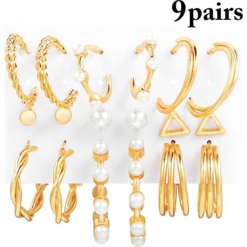 Fashion Pearl Hoop Earrings Set For Women Geometirc Gold Color Metal Circle Hoop Earrings Brincos 2021 Trendy Jewelry Gift