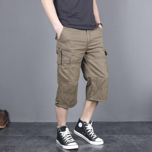 2020 Mens Summer Breeches Long Shorts with Pockets Military Zipper Cargo Shorts Tactical Bridges Short for Men Army Green Khaki