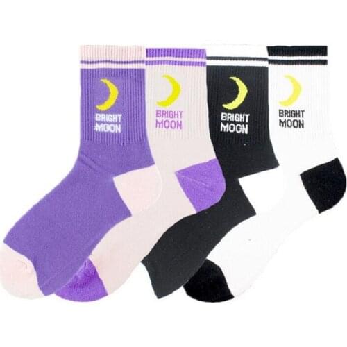 Harajuku Port Wind Two Bars Striped Moon Socks Letters Mens and Womens Trendy Sports Long Socks