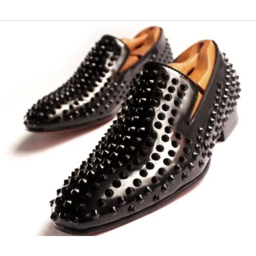 New rivet casual shoes for men fashion solid black men shoes genuine leather slip on loafers formal party shoes
