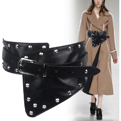 Idopy New Black Leather Cummerbunds Female Lady Studded Party WomenS Belts Punk Rivet Stretchy Dress Decoration Lady