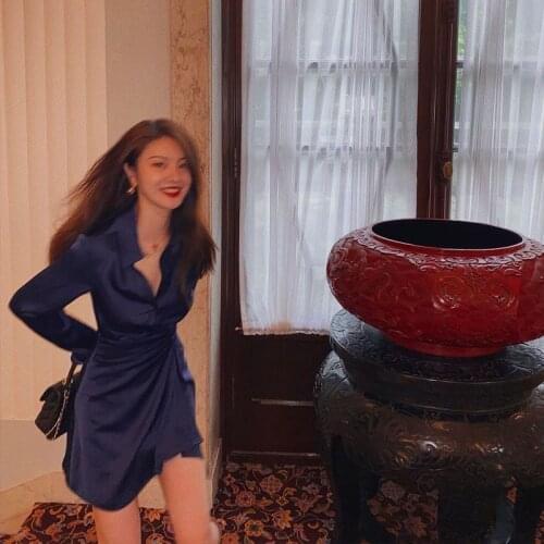 Solid color shirt dress women clothes 2021 spring summer new high-end French retro design sense waist slimming temperament dress