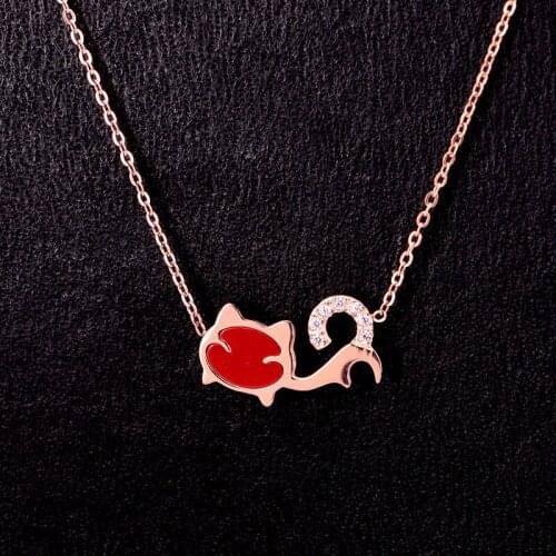 Stainless Steel Red Black White Shell Love Cute Cat Animal Pendants Necklace Romantic Women Girl Wedding Jewelry Xmas Gift