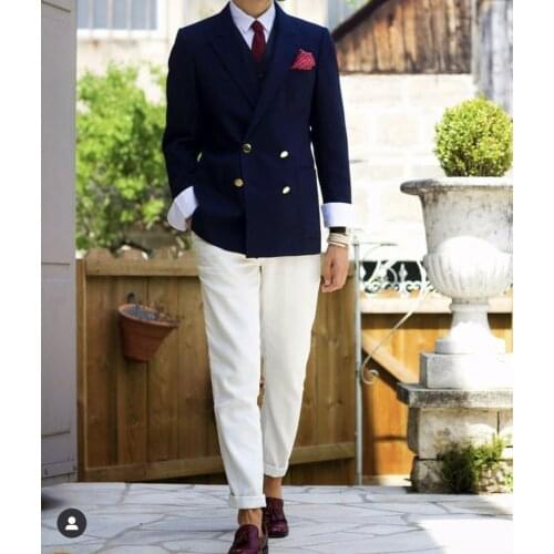 Casual Navy Blue Jacket Vest Beige Pant Men Suits Slim 3 Pcs Groom Tuxedo Wedding Party Blazer Terno Masculino Jacket+Pants