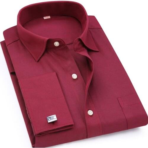 High Quality Oxford Men French Cufflinks Business Dress Long Sleeve Shirt Classic Lapel Red Wine Shirt Male gentlemans clothing